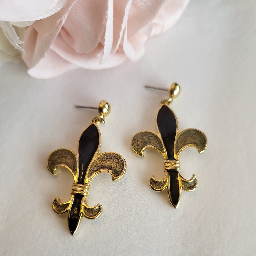 Fleur De Lis Drop Earrings Black Gold Enamel Mardi Gras Saints Fan Jewelry 2" - Picture 8 of 11